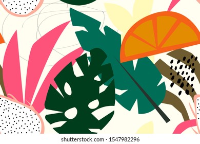 Pattern with exotic leaves and fruits with elements of abstraction