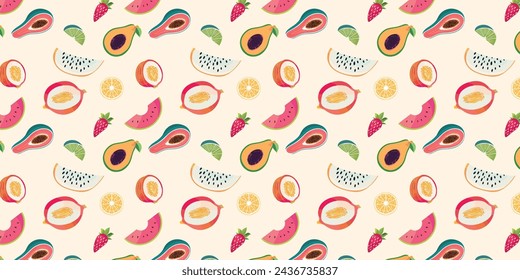Patrón con frutas exóticas de verano. Patrón de vector sin costuras de fruta brillante. Conveniente para el embalaje, cubierta, banners, carteles