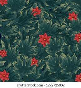 Pattern with exotical leaves and tropical flowers. Summer print. Jungle background. Vector illustration