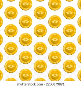 Pattern of Eye coins on transparent background with mini doodle (icons) and gold color. Vector Illustration