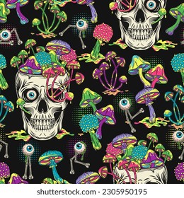 Pattern with eye monsters, mushrooms, crazy skull without top like cup, bowl, vase full of growing through mushrooms. Fantasy surreal illustration for groovy, hippie, mystical, psychedelic design