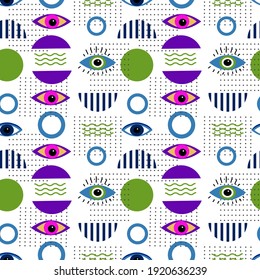 Pattern with eyes and abstract shapes. Psychedelic illustration in the style of Matisse on a white background. Vector illustration. Modern bright design for decor - wrapping paper, fabric, brochures
