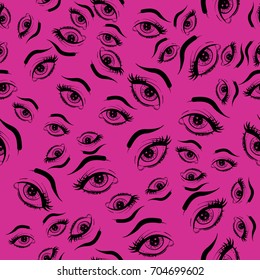 Pattern from the eyes with eyelashes, eyebrows, pupils on a pink background. Boho style.