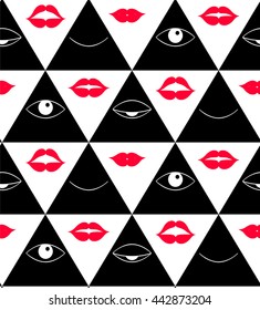 Pattern with eyes and lips. Open and closed eyes in triangle. Open and closeds lips. Vector pattern.