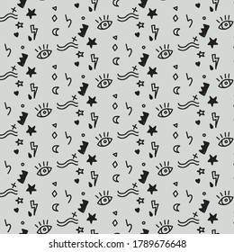 pattern with eyes, waves, stars, crown, hearts. perfect for textiles and home interiors