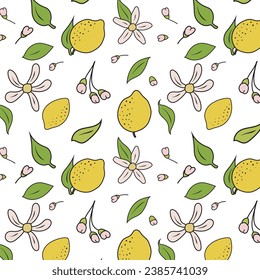 Pattern for fabric or background with yellow lemons and pink flowers. Delicate buds and light green leaves fall in the spring. Vector image.
