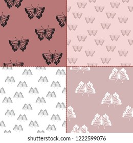Pattern for fabric. Butterflies on background. Seamless pattern. Butterflies of different sizes. patchwork