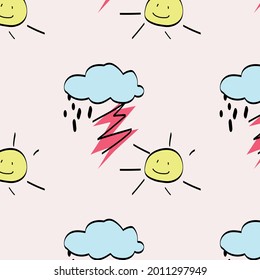 Pattern for fabric, children's print with a sun and a zipper, a funny picture about the weather