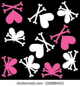 Pattern fabric heart with bones in two colors, black background spring summer