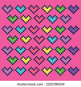 Pattern fabric hearts pixels with neon colors and pink background fashion style