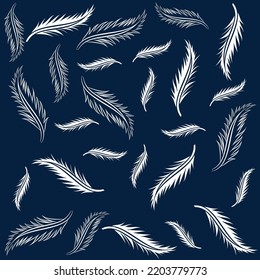 Hojas de tela de patrón y plumas con fondo marino, diseño de moda. verano de primavera.