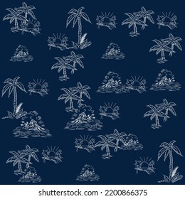 Pattern fabric palms and vulcan in sketch style, navy background, spring summer fashion