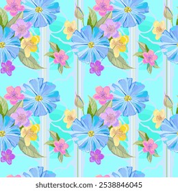 Patrón para tela, papel, Anuncio. Flores azules, violetas, amarillas. Sin fisuras y sin fin.