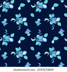 Pattern for fabric or paper, blue soft floral elements on dark background.