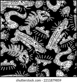 Pattern fabric sketch elements urban with fish and skateboards black background.