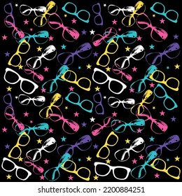 Pattern fabric sunglasses and stars in background black background and neon style.