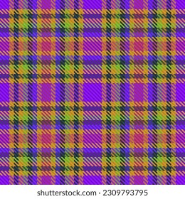 Pattern fabric textile of plaid check seamless with a vector background tartan texture in amber and purple colors.