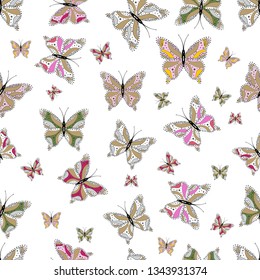 Pattern for fabric, textile, print and invitation. Butterflies pattern. Vector. Illustration on gray, neutral and white background. Seamless.