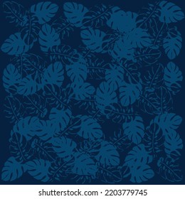 Pattern fabric tropical leaves with indigo colors, spring summer beach design.