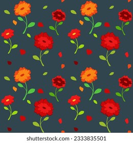 Patrón de flores de tela y papel pintado en las paredes deja pétalos. Flores rojas de fondo oscuro. 
