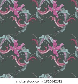 Pattern for fabrics or wallpaper, vintage style with curls, floral ornament, retro style. Calm green and purple colors.