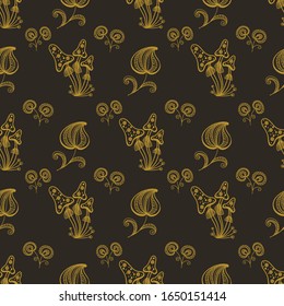 pattern of fabulous decorative mushrooms, flowers and leaves on a brown background, vector illustration line, for textile paper design
