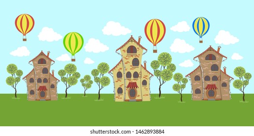 Pattern with fabulous houses, trees, balloons against the sky