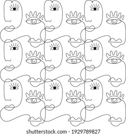 Pattern face art illustration. Abstract minimalistic faces vector. Black and white. White background. One line drawing.