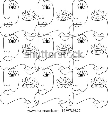 Pattern face art illustration. Abstract minimalistic faces vector. Black and white. White background. One line drawing.