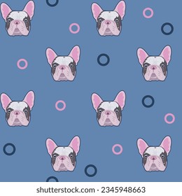 Pattern with the face of a French bulldog puppy on a grey-blue background with dark blue and pink circles.