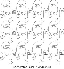 Pattern face line illustration. Abstract minimalistic faces art vector. Black and white. White background. One line drawing.