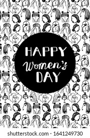 Pattern with face womens in trendy one line style. Lettering. Vertical vector postcard to March 8 Women's Day. Greeting card. Trendy background cards for greeting,invitation,greeting with women's day.