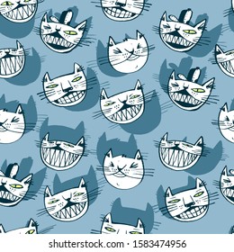 Pattern with the faces of cats. Calligraphy. Color vector illustration. Can be used for wrapping paper, wallpaper, fabric, gift wrap, backgrounds.