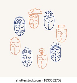 Pattern with faces with different moods. Mental Health Day. Leaflet, banner, poster, brochure.