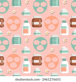 Pattern Facial skin care.  Cosmetic masks, cream, lotion, soap, face scrub. Illustration, vector