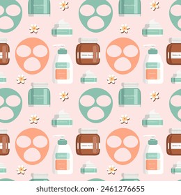 Pattern Facial skin care.  Cosmetic masks, cream, lotion, soap, face scrub. Illustration, vector