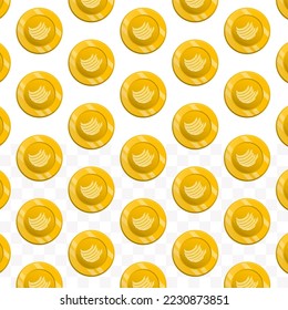 Pattern of Factom coins on transparent background with mini doodle (icons) and gold color. Vector Illustration