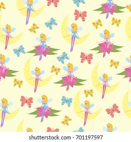 Pattern with Fairy flying.Pattern with fairy with a magic wand sitting on the moon and flower. Background  with Fairy vector illustration.