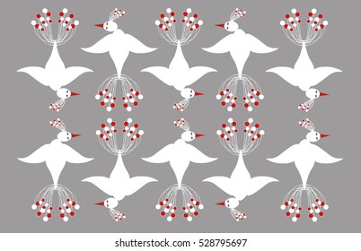Pattern with fairy tale white birds with grey background