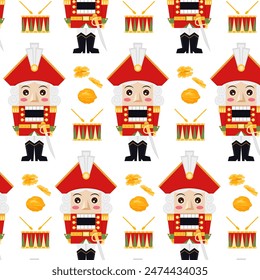 Pattern with a fairy-tale character. Nutcracker in flat style. Christmas pattern, background.