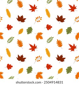 A pattern of fall leaves is shown in various colors, including red, yellow, and green. The leaves are scattered throughout the image, creating a sense of movement and energy