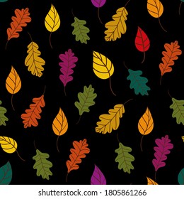 Pattern of fallen leaves.Bothnian autumn pattern with fallen tree leaves on a black background.Colorful autumn background.Vector illustration in flat style for wrapping paper, textile printing, blogs
