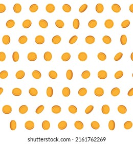 Pattern of falling gold coins in different angles on a white background.