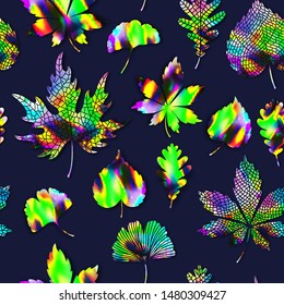 Pattern falling leaves seamless ginkgo biloba, oak, linden, chestnut falling leaf background. Vector autumn colorful repeat design. Botanical green holographic gradient vibrant trendy modern gradient 