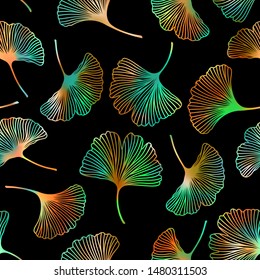 Pattern falling leaves seamless ginko  gingko biloba, ginkgo leaf autumn background. Vector colorful repeat design. Botanical multicolored holographic gradient vibrant trendy modern gradient