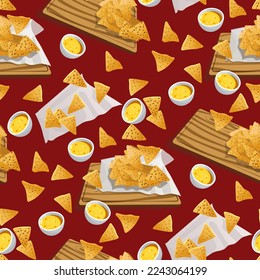 A pattern of falling Mexican food nachos with sauces on a tray with a napkin. All on a red background. Bright kitchen illustration. Suitable for printing on banners and flyers, restaurant menus