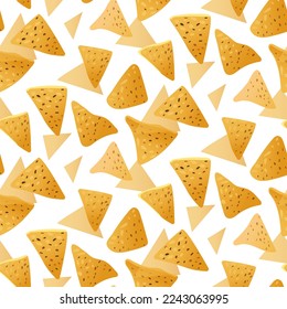 A pattern of falling Mexican nachos food on a white background with a shadow. Bright kitchen illustration. Suitable for printing on banners and flyers, restaurant menus, kitchen packaging