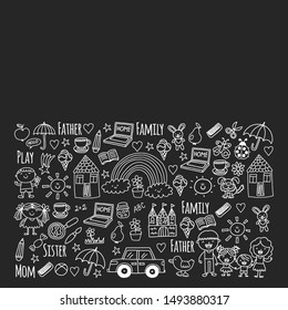 Pattern with family. Mother and father with little children and items for home. Boy and girl with parents. Kindergarten illustration.