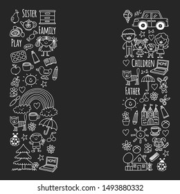 Pattern with family. Mother and father with little children and items for home. Boy and girl with parents. Kindergarten illustration.