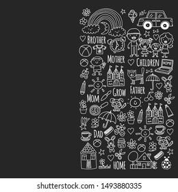 Pattern with family. Mother and father with little children and items for home. Boy and girl with parents. Kindergarten illustration.